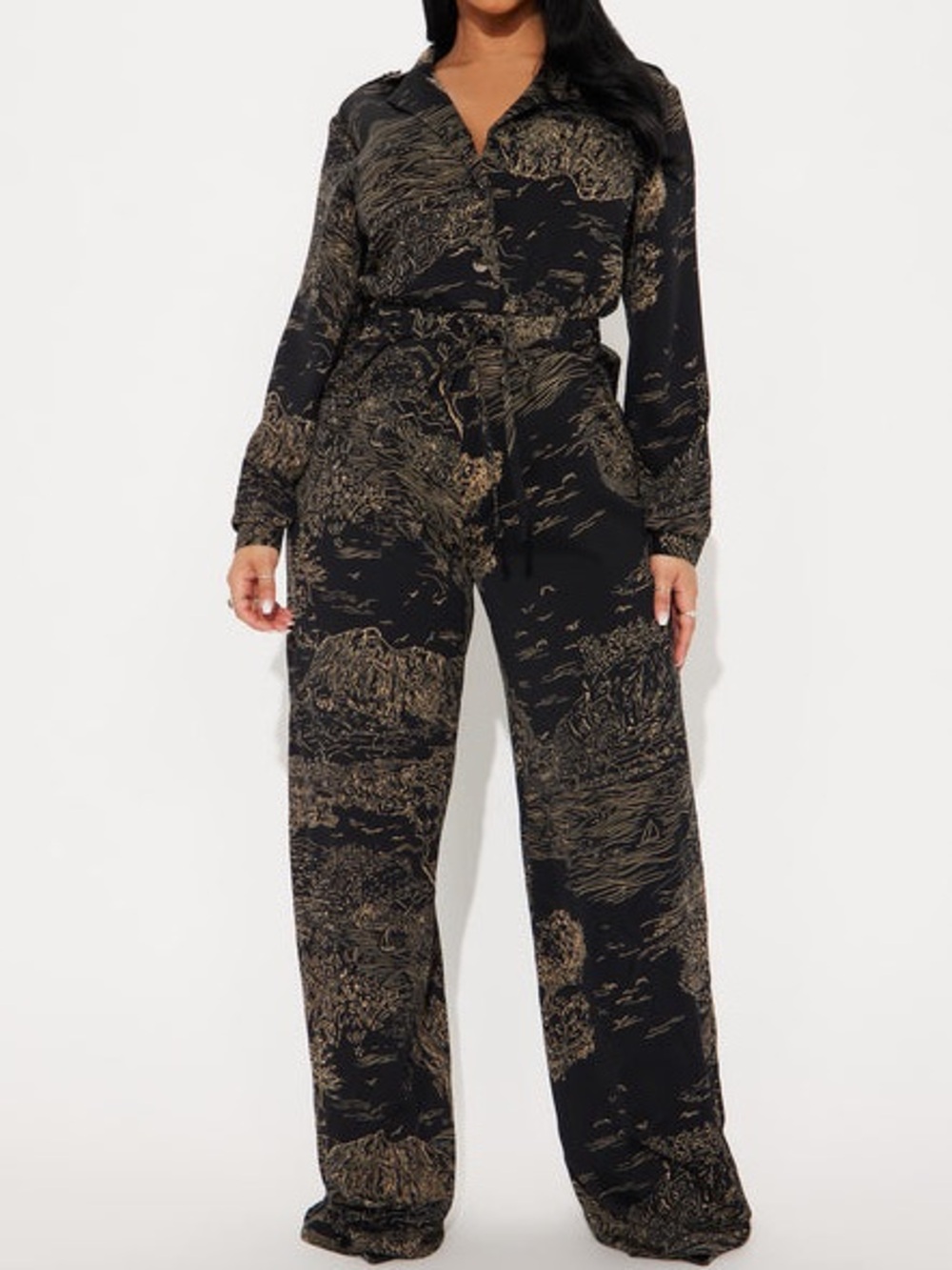 Black Jumpsuit with Cream Print Wide Leg